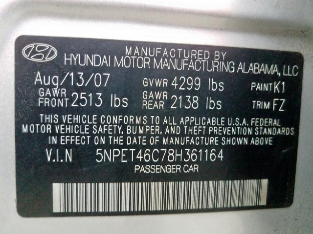 5NPET46C78H361164 - 2008 HYUNDAI SONATA GLS  photo 10