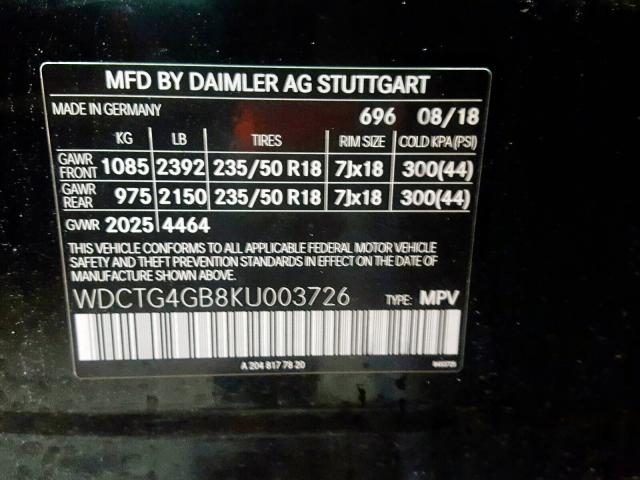 WDCTG4GB8KU003726 - 2019 MERCEDES-BENZ GLA 250 4MATIC  photo 10