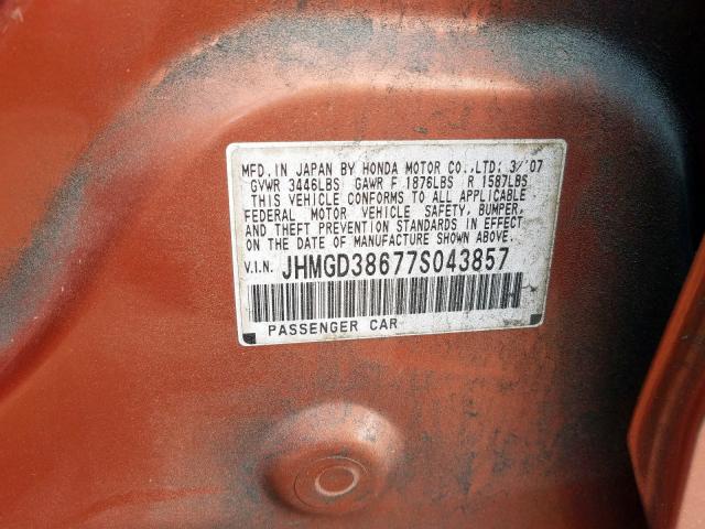 JHMGD38677S043857 - 2007 HONDA FIT S  照片 10