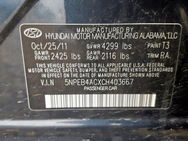 5NPEB4ACXCH403667 - 2012 HYUNDAI SONATA GLS  photo 10