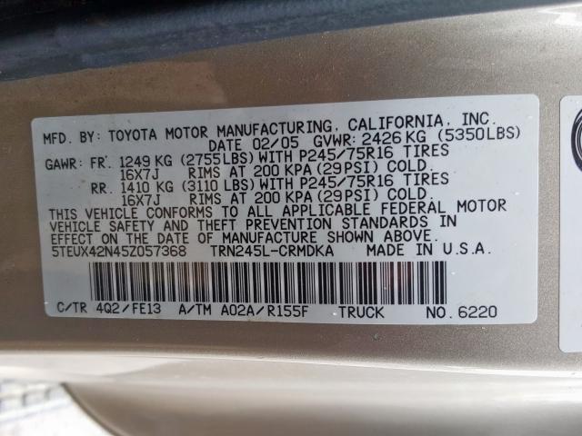 5TEUX42N45Z057368 - 2005 TOYOTA TACOMA ACCESS CAB  ფოტო 10