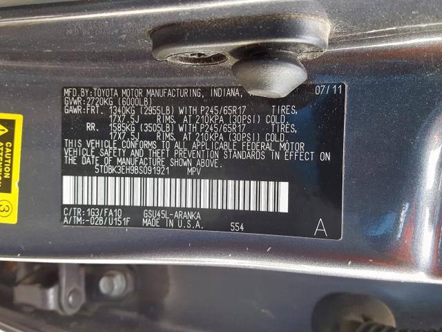 5TDBK3EH9BS091921 - 2011 TOYOTA HIGHLANDER BASE  фото 10
