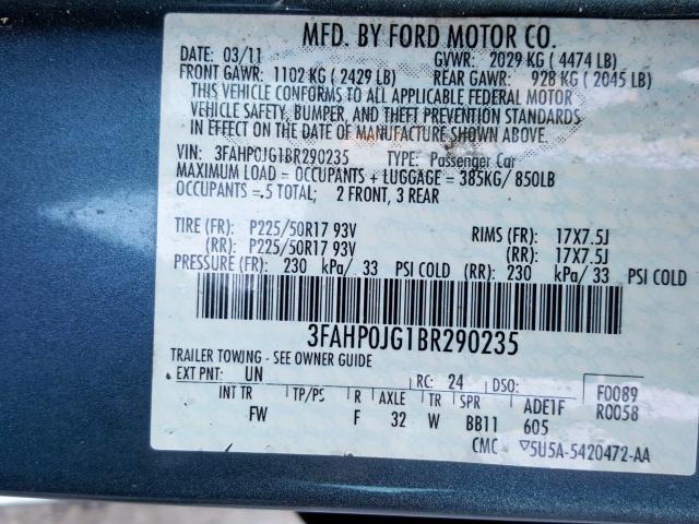 3FAHP0JG1BR290235 - 2011 FORD FUSION SEL  photo 10