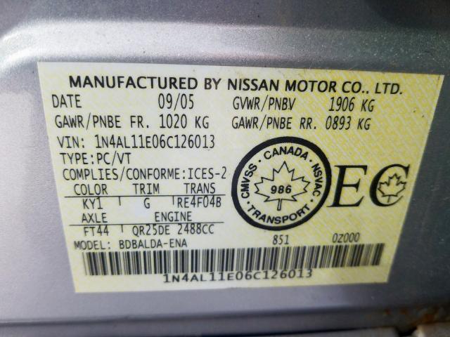 1N4AL11E06C126013 - 2006 NISSAN ALTIMA S  photo 10