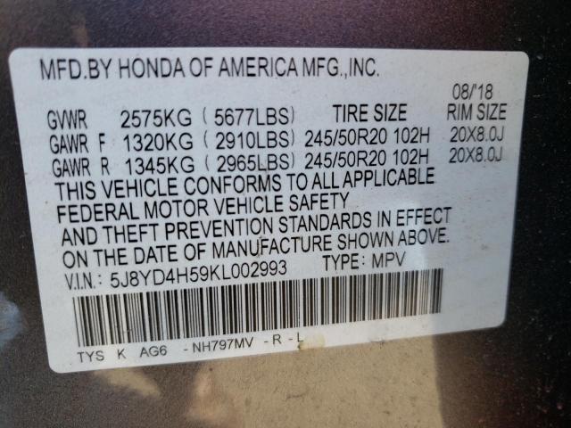 5J8YD4H59KL002993 - 2019 ACURA MDX TECHNOLOGY GRAY photo 10