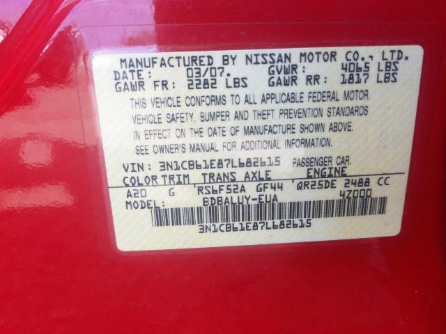 3N1CB61E87L682615 - 2007 NISSAN SENTRA SE-R SPEC V  photo 10