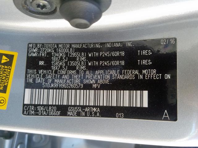 5TDJKRFH9GS260579 - 2016 TOYOTA HIGHLANDER XLE  照片 10