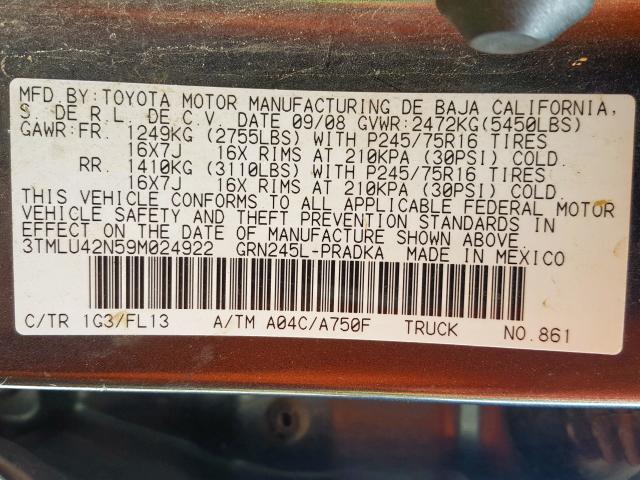 3TMLU42N59M024922 - 2009 TOYOTA TACOMA DOUBLE CAB  照片 10