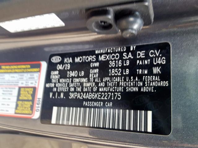 3KPA24AB6KE227175 - 2019 KIA RIO S  photo 10