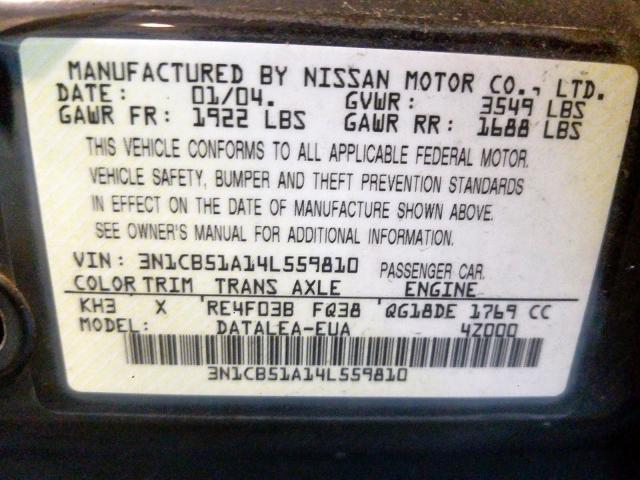 3N1CB51A14L559810 - 2004 NISSAN SENTRA 1.8S  photo 10