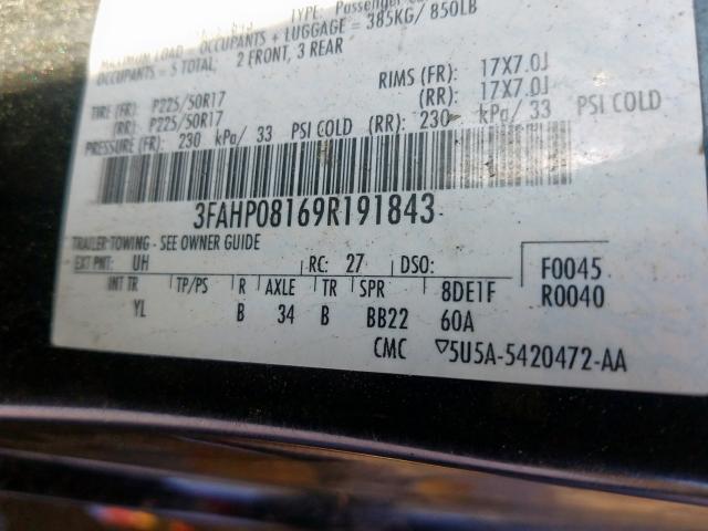 3FAHP08169R191843 - 2009 FORD FUSION SEL  photo 10