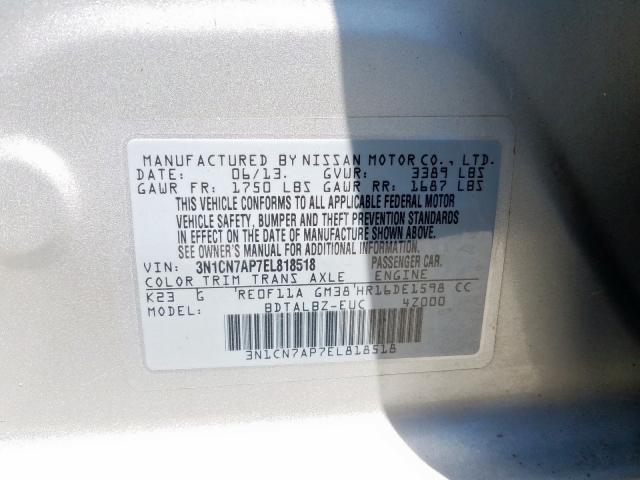 3N1CN7AP7EL818518 - 2014 NISSAN VERSA S  photo 10