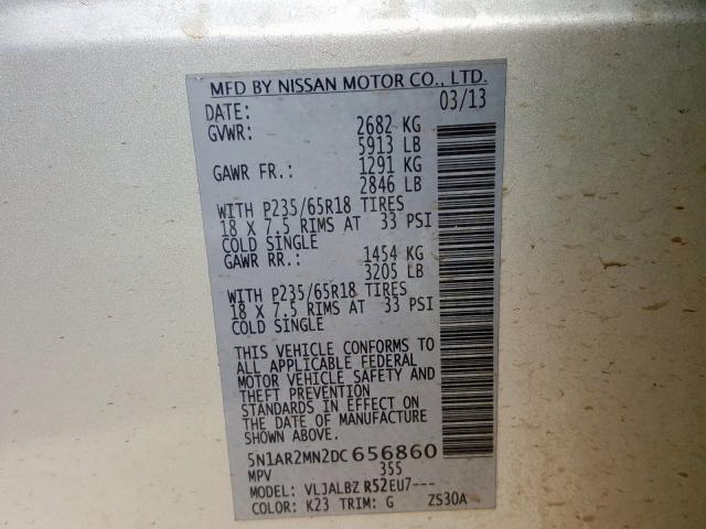 5N1AR2MN2DC656860 - 2013 NISSAN PATHFINDER S  фото 10