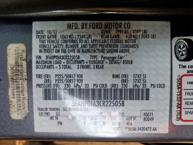 3FAHP0JA3CR225058 - 2012 FORD FUSION SEL  photo 10