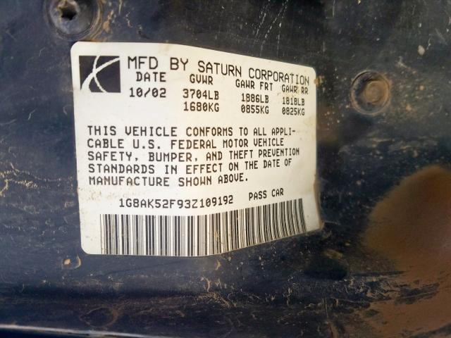 1G8AK52F93Z109192 - 2003 SATURN ION LEVEL 3  photo 10