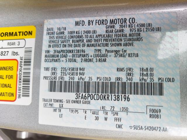 3FA6P0CD0KR138196 - 2019 FORD FUSION SEL  photo 10