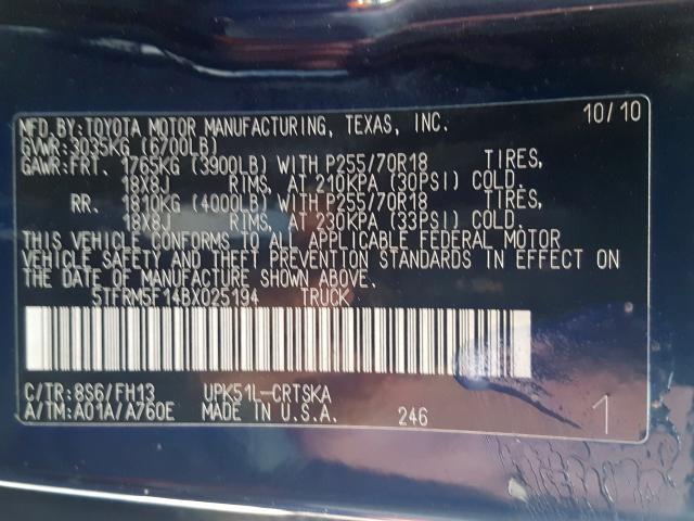 5TFRM5F14BX025194 - 2011 TOYOTA TUNDRA DOUBLE CAB SR5  photo 10