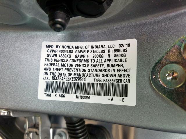 19XZE4F92KE029614 - 2019 HONDA INSIGHT TOURING  photo 10