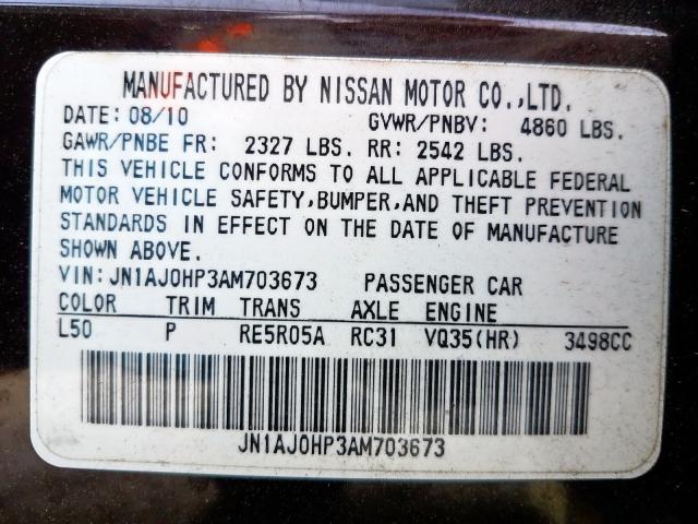 JN1AJ0HP3AM703673 - 2010 INFINITI EX35 BASE  photo 10
