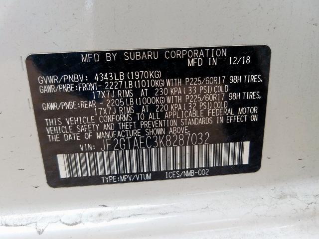 JF2GTAEC3K8287032 - 2019 SUBARU CROSSTREK PREMIUM  լուսանկար 10