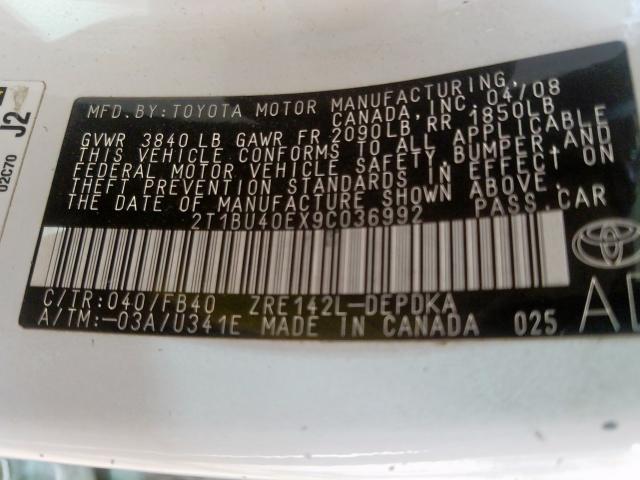 2T1BU40EX9C036992 - 2009 TOYOTA COROLLA BASE  照片 10