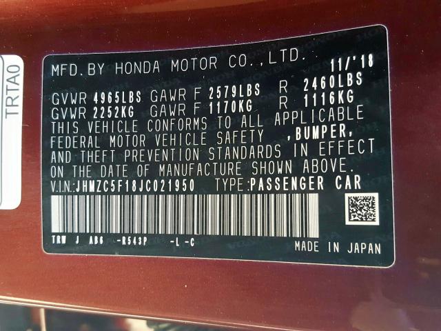 JHMZC5F18JC021950 - 2018 HONDA CLARITY  photo 10