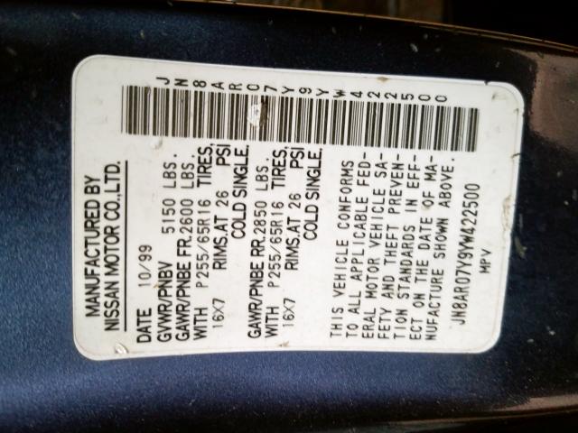 JN8AR07Y9YW422500 - 2000 NISSAN PATHFINDER LE  ფოტო 10