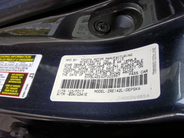 5YFBU4EE4DP222867 - 2013 TOYOTA COROLLA BASE  photo 10