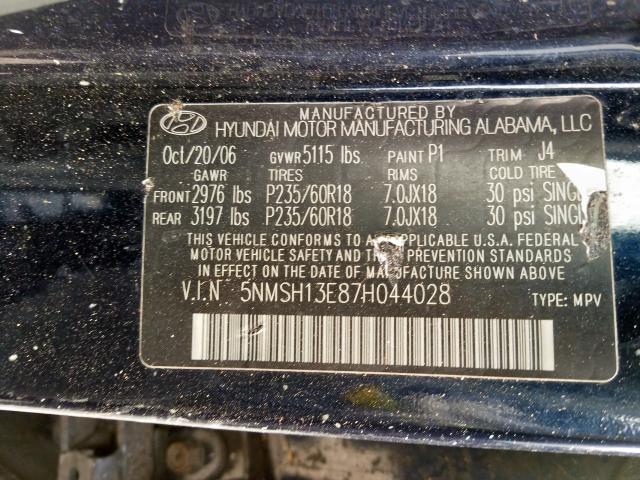 5NMSH13E87H044028 - 2007 HYUNDAI SANTA FE SE  photo 10