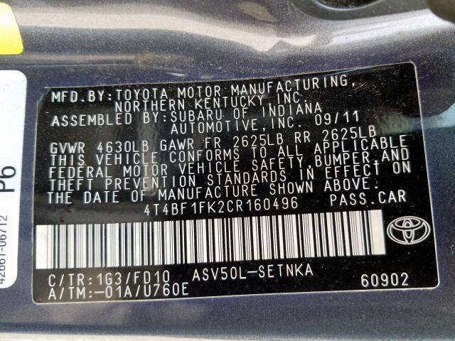 4T4BF1FK2CR160496 - 2012 TOYOTA CAMRY BASE  photo 10