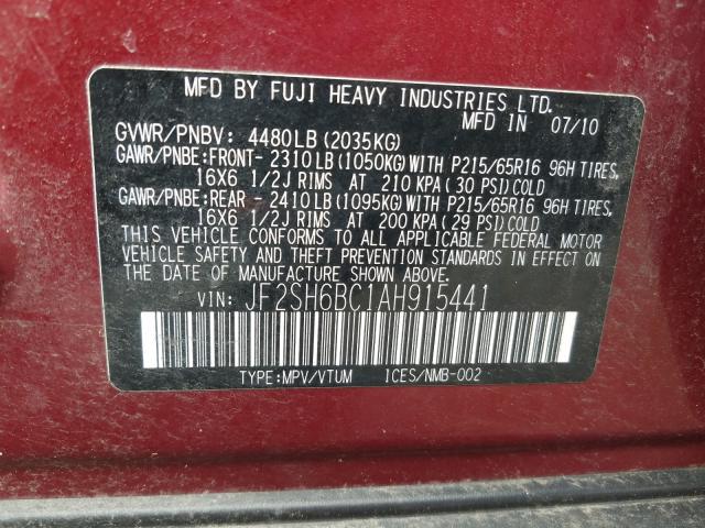 JF2SH6BC1AH915441 - 2010 SUBARU FORESTER XS  photo 10