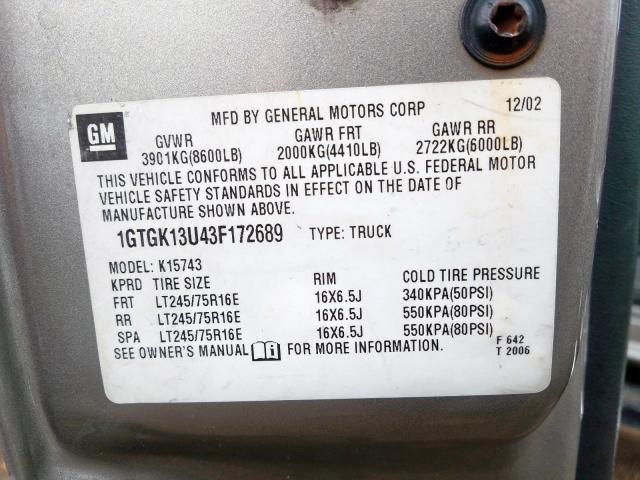 1GTGK13U43F172689 - 2003 GMC SIERRA K1500 HEAVY DUTY  photo 10