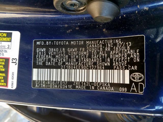 2T1BU4EE9DC127964 - 2013 TOYOTA COROLLA BASE  照片 10