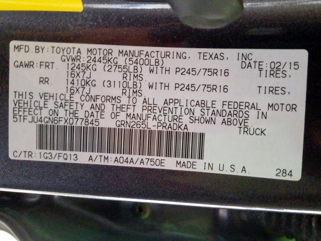 5TFJU4GN6FX077845 - 2015 TOYOTA TACOMA DOUBLE CAB PRERUNNER  photo 10