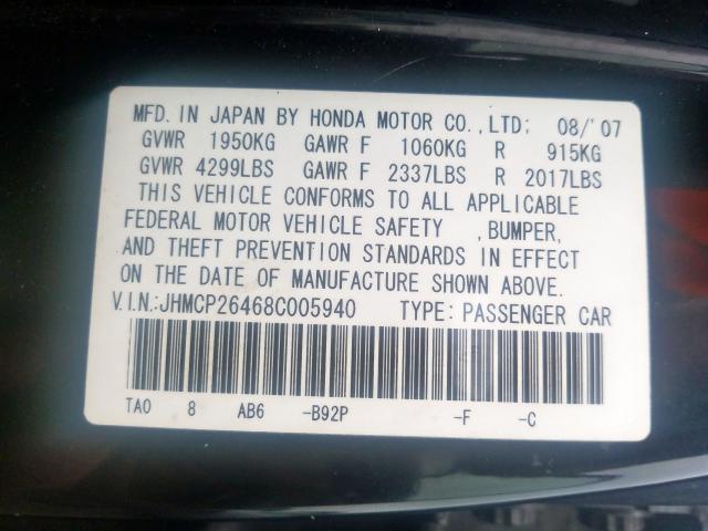 JHMCP26468C005940 - 2008 HONDA ACCORD LXP  photo 10