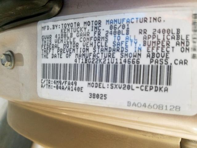 4T1BG22K21U114666 - 2001 TOYOTA CAMRY CE  photo 10