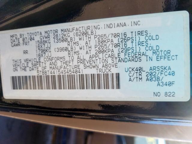 5TBBT44154S454041 - 2004 TOYOTA TUNDRA ACCESS CAB SR5  photo 10