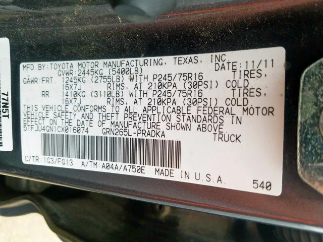 5TFJU4GN1CX016074 - 2012 TOYOTA TACOMA DOUBLE CAB PRERUNNER  photo 10