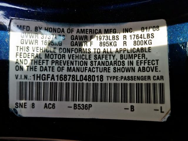 1HGFA16878L048018 - 2008 HONDA CIVIC EX  photo 10