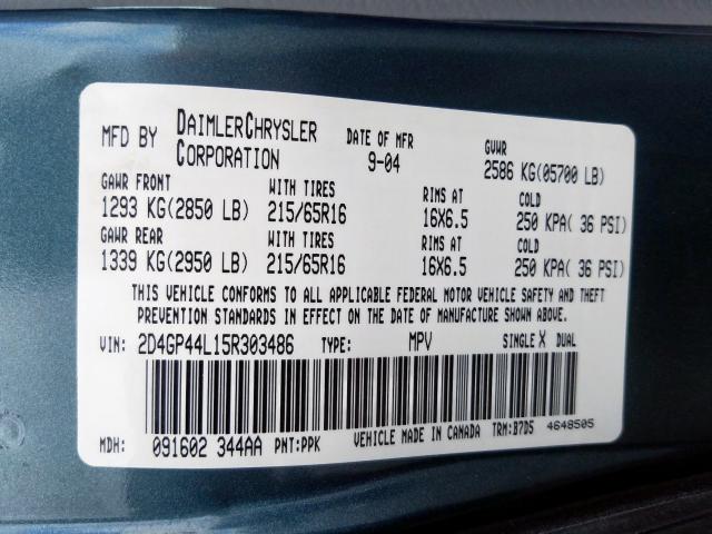 2D4GP44L15R303486 - 2005 DODGE GRAND CARAVAN SXT  photo 10