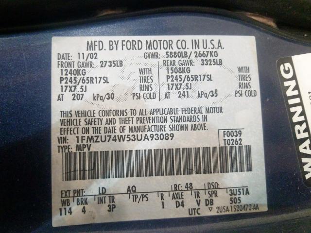 1FMZU74W53UA93089 - 2003 FORD EXPLORER EDDIE BAUER  photo 10