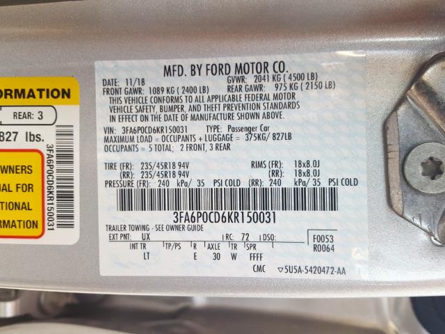 3FA6P0CD6KR150031 - 2019 FORD FUSION SEL  photo 10