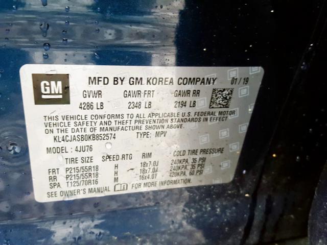 KL4CJASB0KB852574 - 2019 BUICK ENCORE PREFERRED  фото 10