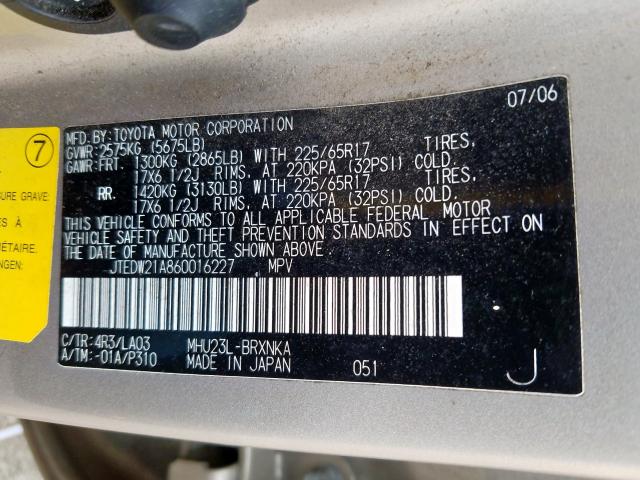 JTEDW21A860016227 - 2006 TOYOTA HIGHLANDER HYBRID  photo 10