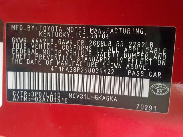 4T1FA38P25U039422 - 2005 TOYOTA CAMRY SOLARA SE  photo 10