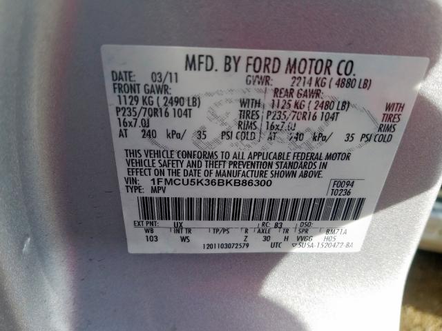 1FMCU5K36BKB86300 - 2011 FORD ESCAPE HYBRID  photo 10