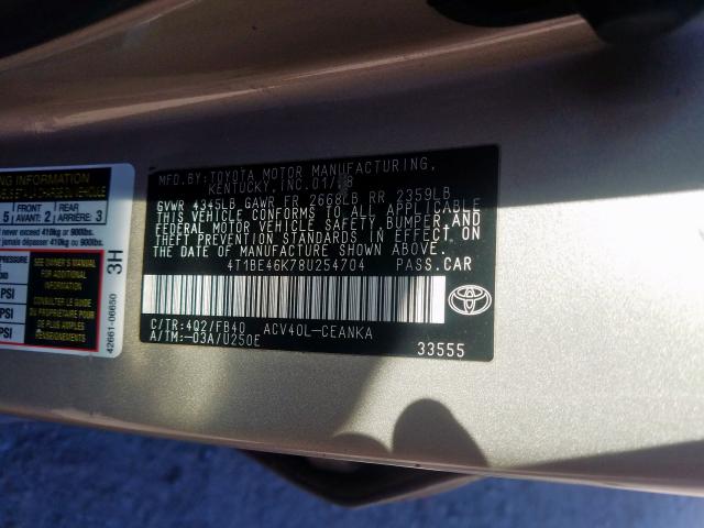 4T1BE46K78U254704 - 2008 TOYOTA CAMRY CE  photo 10