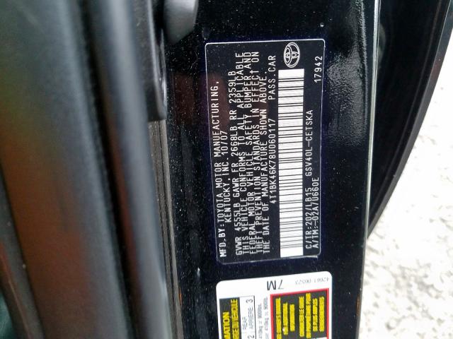 4T1BK46K78U060117 - 2008 TOYOTA CAMRY LE  photo 10