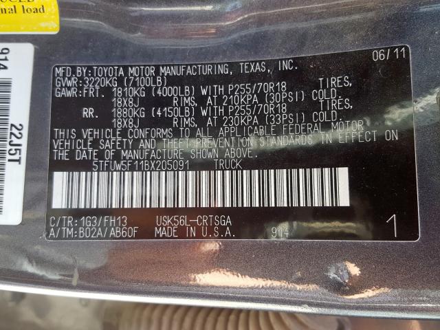 5TFUW5F11BX205091 - 2011 TOYOTA TUNDRA DOUBLE CAB SR5  photo 10