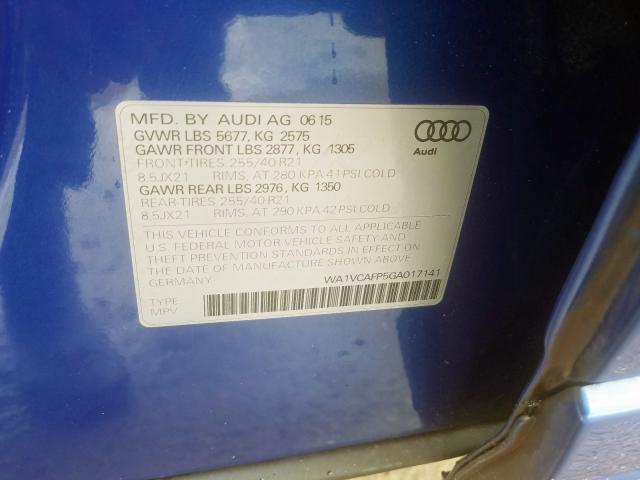 WA1VCAFP5GA017141 - 2016 AUDI SQ5 PRESTIGE  photo 10